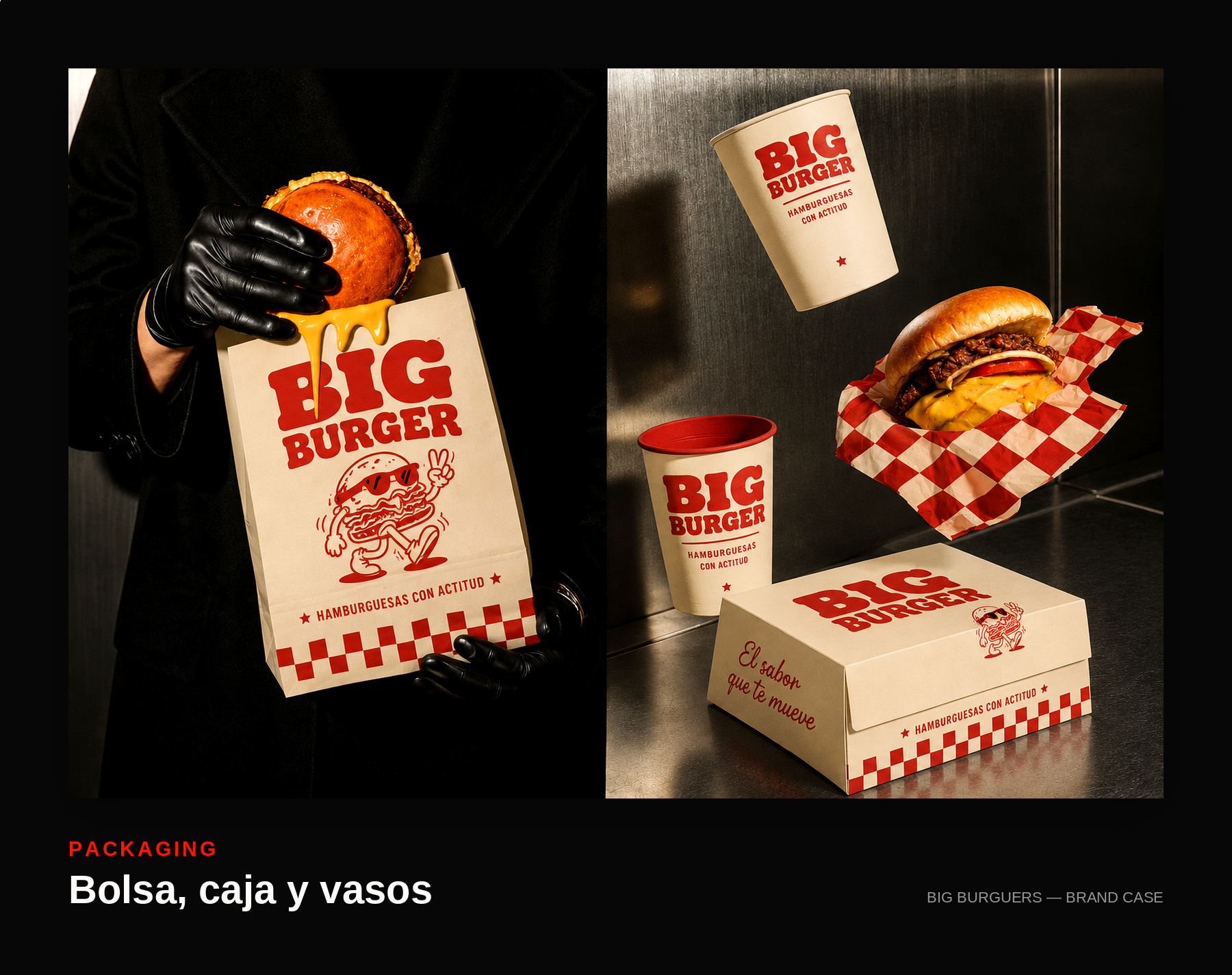 Big Burguers — bolsa, caja y vasos de packaging
