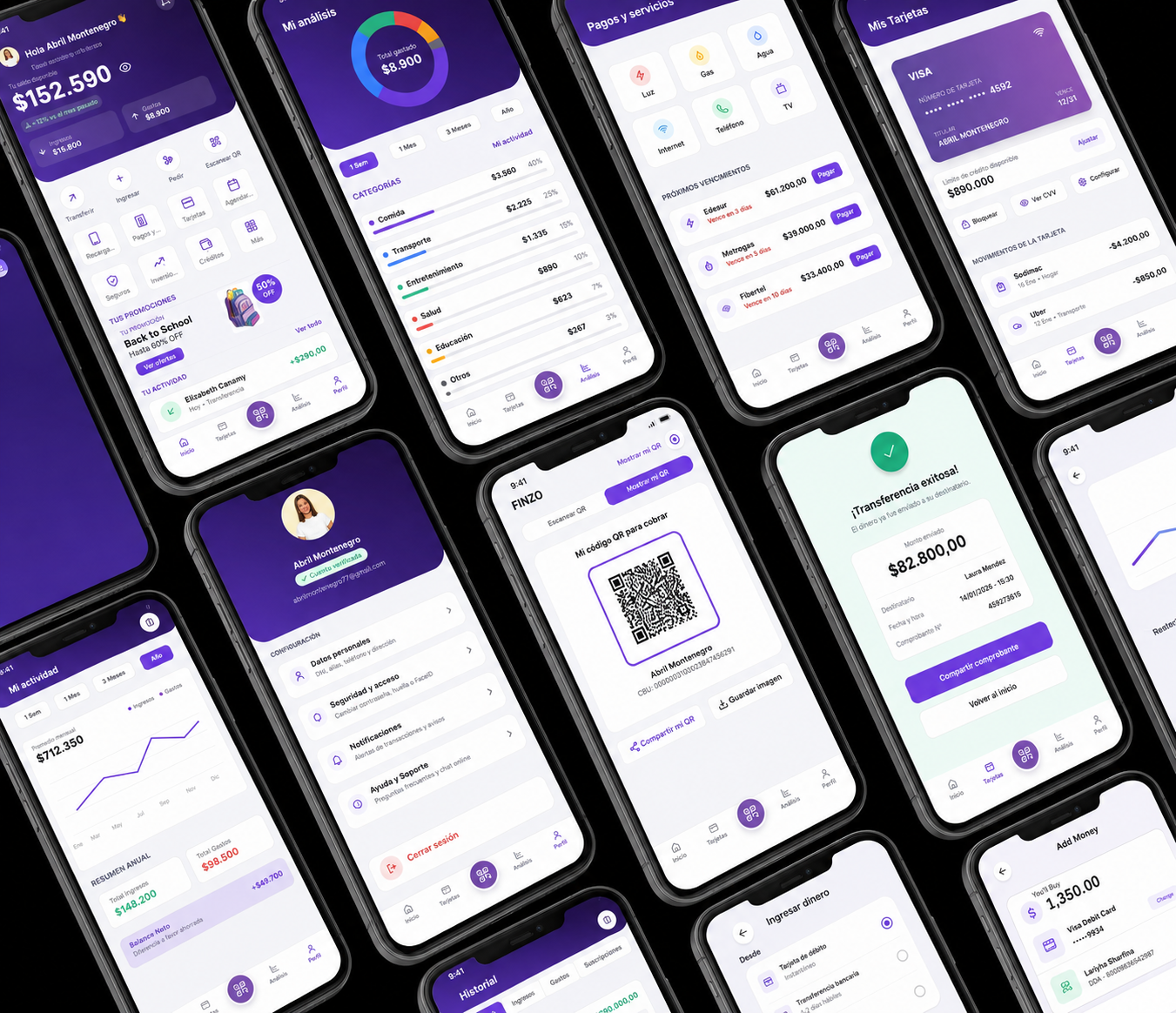 Finzo — showcase final de todas las pantallas de la app
