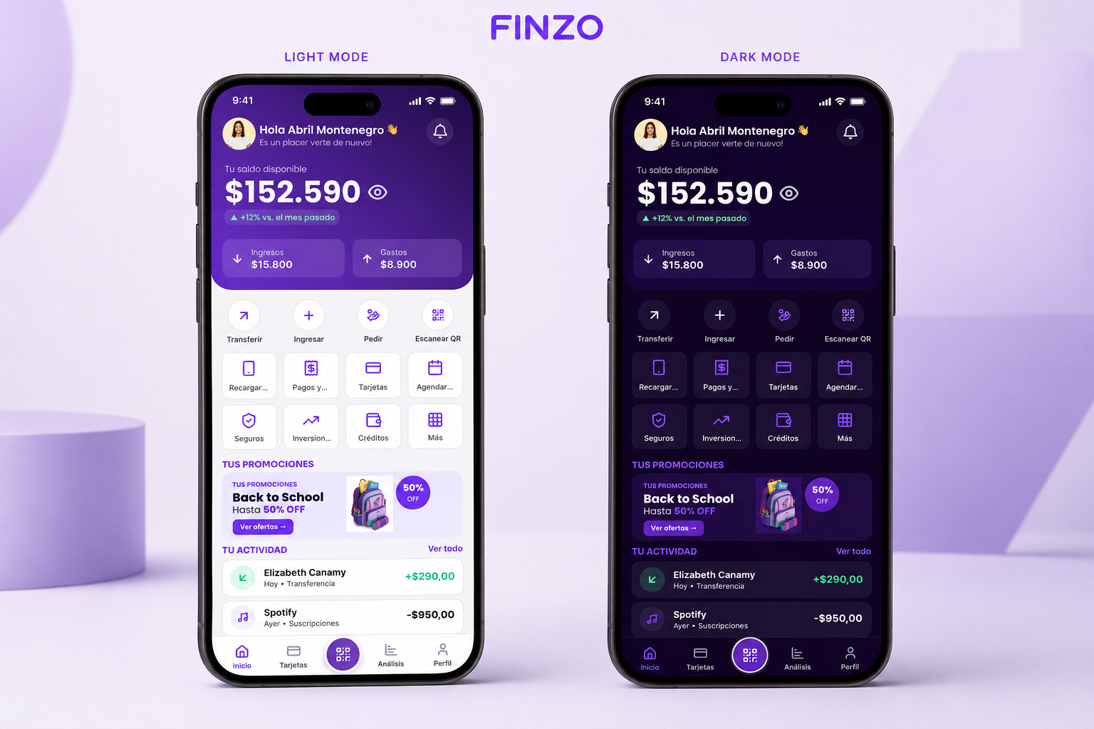 Finzo — comparación light mode y dark mode