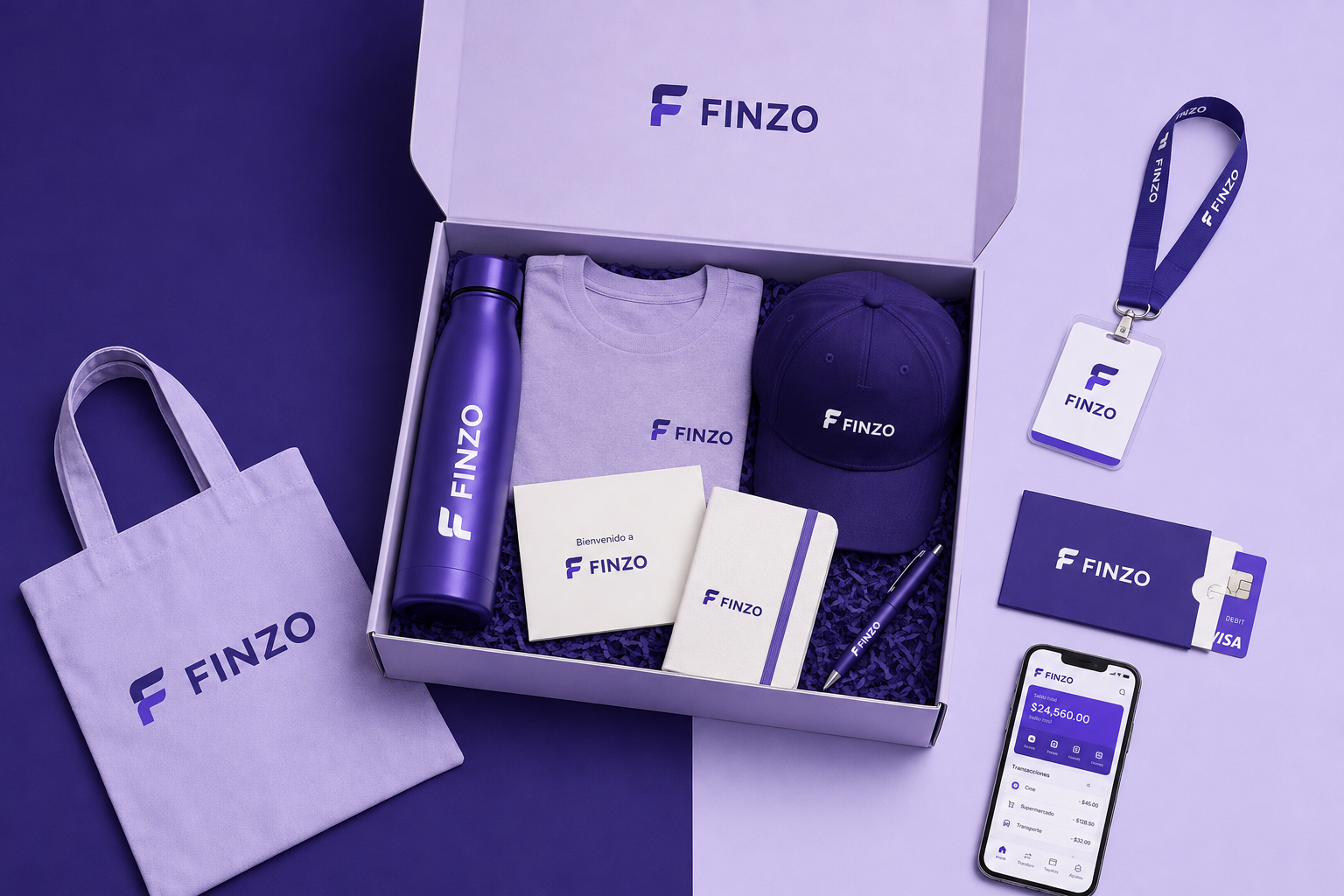 Finzo — merchandising: tote bag, botella, remera, gorra, lanyard y porta-tarjeta