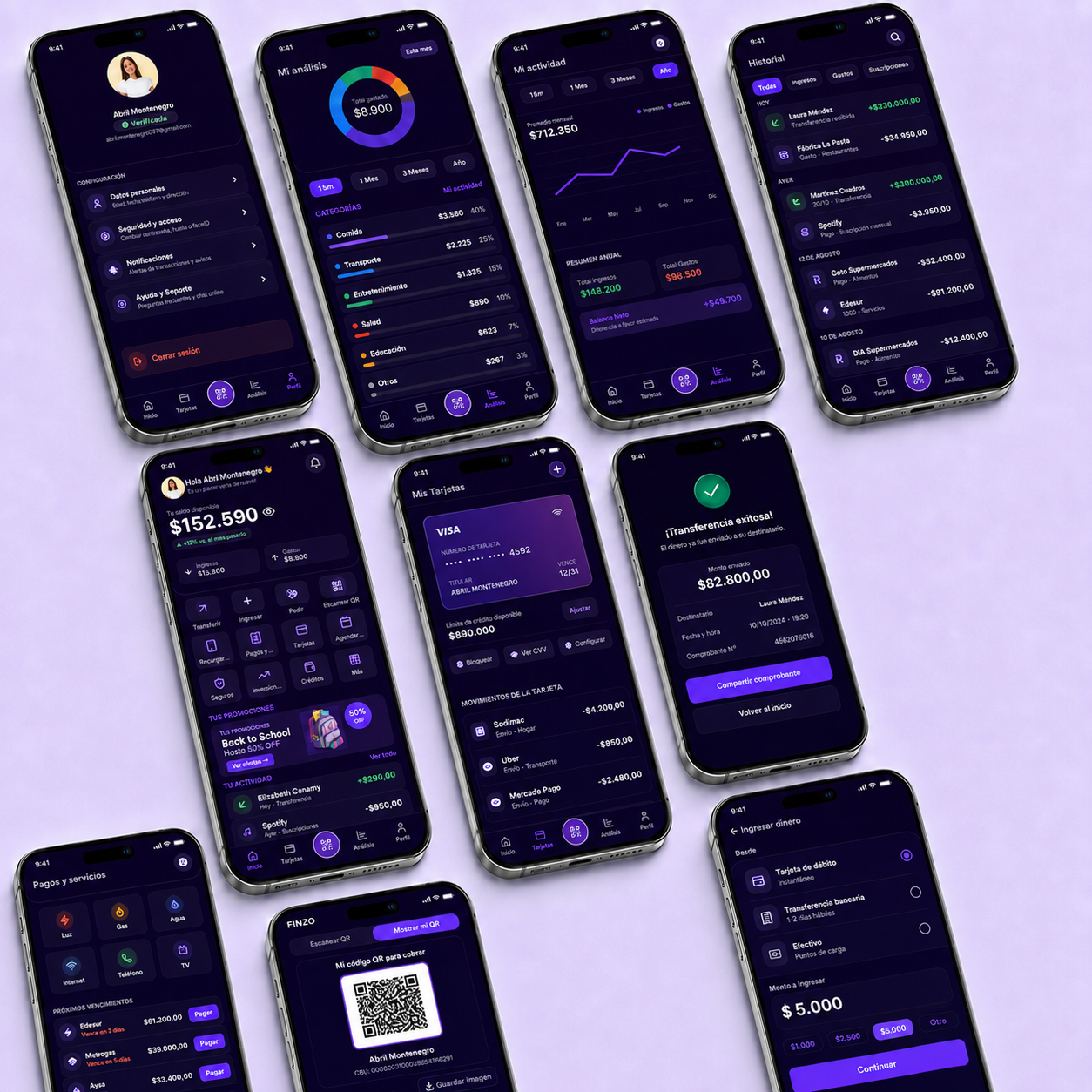 Finzo — set completo de pantallas en dark mode