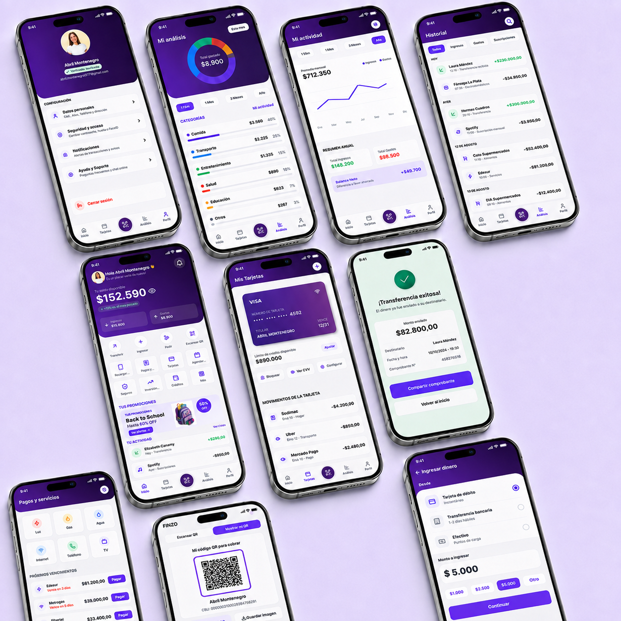 Finzo — set completo de pantallas en light mode