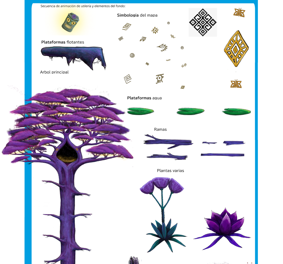Concept art del ambiente: árbol principal, plataformas, simbología y plantas