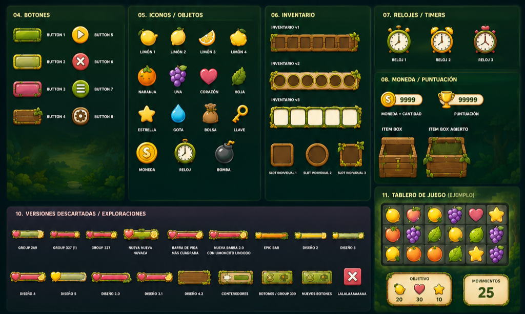 The Lemon Game — iconografía, inventario, relojes, moneda y versiones descartadas de la barra de vida