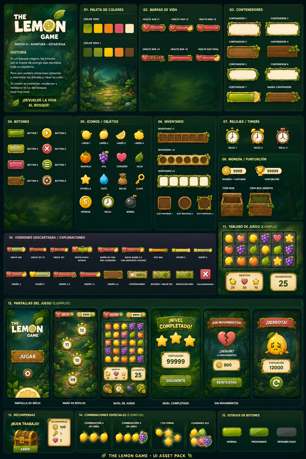 The Lemon Game — UI Kit completo: paleta, componentes, iconografía, pantallas y estados
