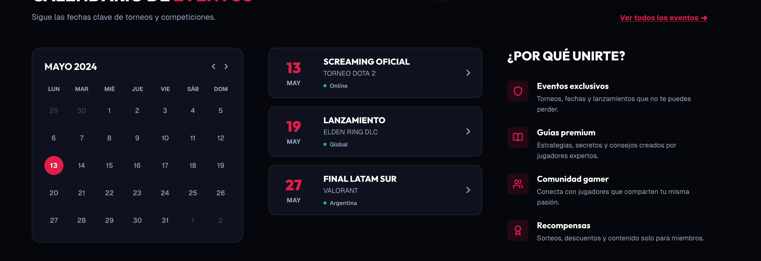 LevelUp — sección Calendario y beneficios