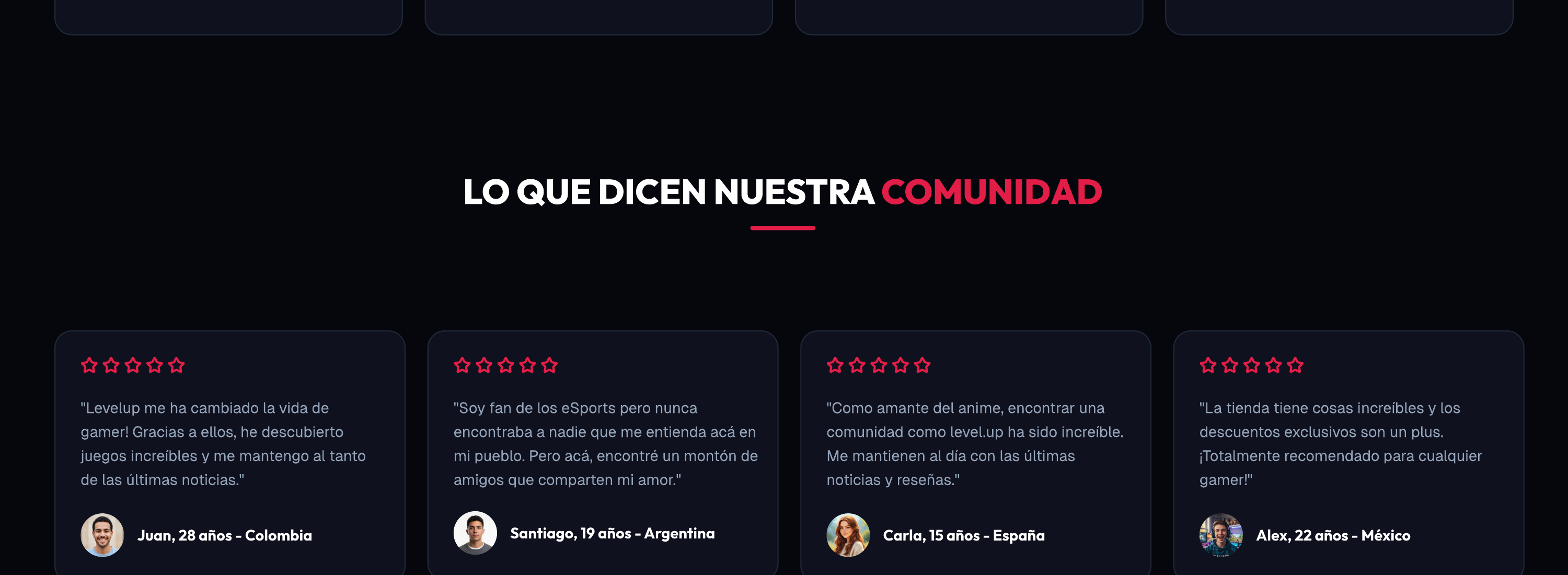 LevelUp — sección de testimonios